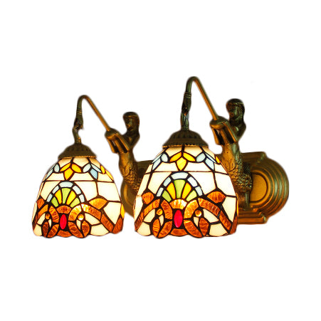 2 Heads Dome Sconce Light Baroque Beige Multicolor Stained Glass Wall Mount Light, 16"/18" Wide Clearhalo 'Industrial' 'Middle century wall lights' 'Tiffany wall lights' 'Tiffany' 'Wall Lamps & Sconces' 'Wall Lights' Lighting' 56751