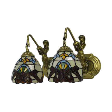 2 Heads Dome Sconce Light Baroque Beige Multicolor Stained Glass Wall Mount Light, 16"/18" Wide Clearhalo 'Industrial' 'Middle century wall lights' 'Tiffany wall lights' 'Tiffany' 'Wall Lamps & Sconces' 'Wall Lights' Lighting' 56752