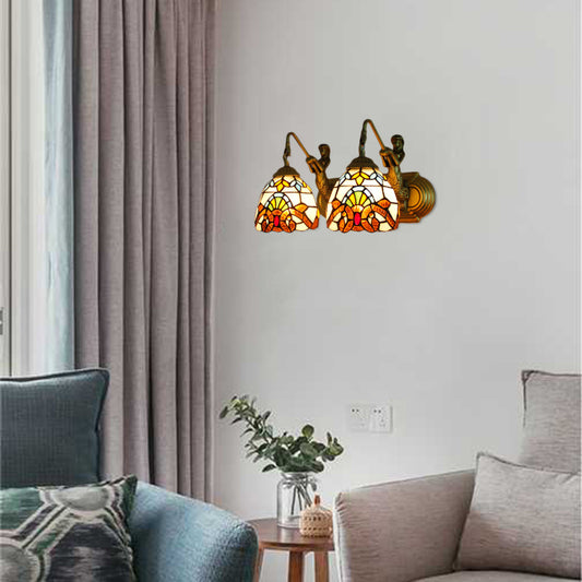 2 Heads Dome Sconce Light Baroque Beige Multicolor Stained Glass Wall Mount Light, 16"/18" Wide Beige 16" Clearhalo 'Industrial' 'Middle century wall lights' 'Tiffany wall lights' 'Tiffany' 'Wall Lamps & Sconces' 'Wall Lights' Lighting' 56753
