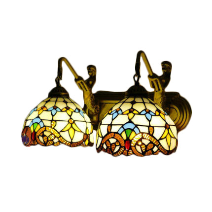 2 Heads Dome Sconce Light Baroque Beige Multicolor Stained Glass Wall Mount Light, 16"/18" Wide Clearhalo 'Industrial' 'Middle century wall lights' 'Tiffany wall lights' 'Tiffany' 'Wall Lamps & Sconces' 'Wall Lights' Lighting' 56754