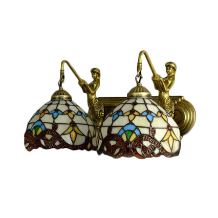 2 Heads Dome Sconce Light Baroque Beige Multicolor Stained Glass Wall Mount Light, 16"/18" Wide Clearhalo 'Industrial' 'Middle century wall lights' 'Tiffany wall lights' 'Tiffany' 'Wall Lamps & Sconces' 'Wall Lights' Lighting' 56755