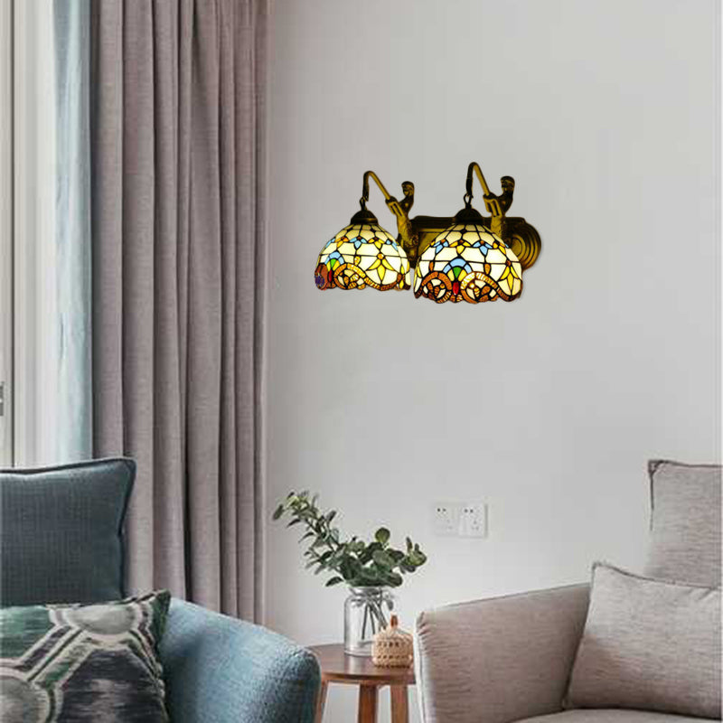 2 Heads Dome Sconce Light Baroque Beige Multicolor Stained Glass Wall Mount Light, 16"/18" Wide Beige 18" Clearhalo 'Industrial' 'Middle century wall lights' 'Tiffany wall lights' 'Tiffany' 'Wall Lamps & Sconces' 'Wall Lights' Lighting' 56756