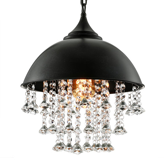 1 Bulb Dome Pendant Light Fixture Industrial Black/Chrome Metal Hanging Light with Crystal Bead Clearhalo 'Art Deco Pendants' 'Cast Iron' 'Ceiling Lights' 'Ceramic' 'Crystal' 'Industrial Pendants' 'Industrial' 'Metal' 'Middle Century Pendants' 'Pendant Lights' 'Pendants' 'Tiffany' Lighting' 5681
