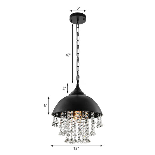 1 Bulb Dome Pendant Light Fixture Industrial Black/Chrome Metal Hanging Light with Crystal Bead Clearhalo 'Art Deco Pendants' 'Cast Iron' 'Ceiling Lights' 'Ceramic' 'Crystal' 'Industrial Pendants' 'Industrial' 'Metal' 'Middle Century Pendants' 'Pendant Lights' 'Pendants' 'Tiffany' Lighting' 5682