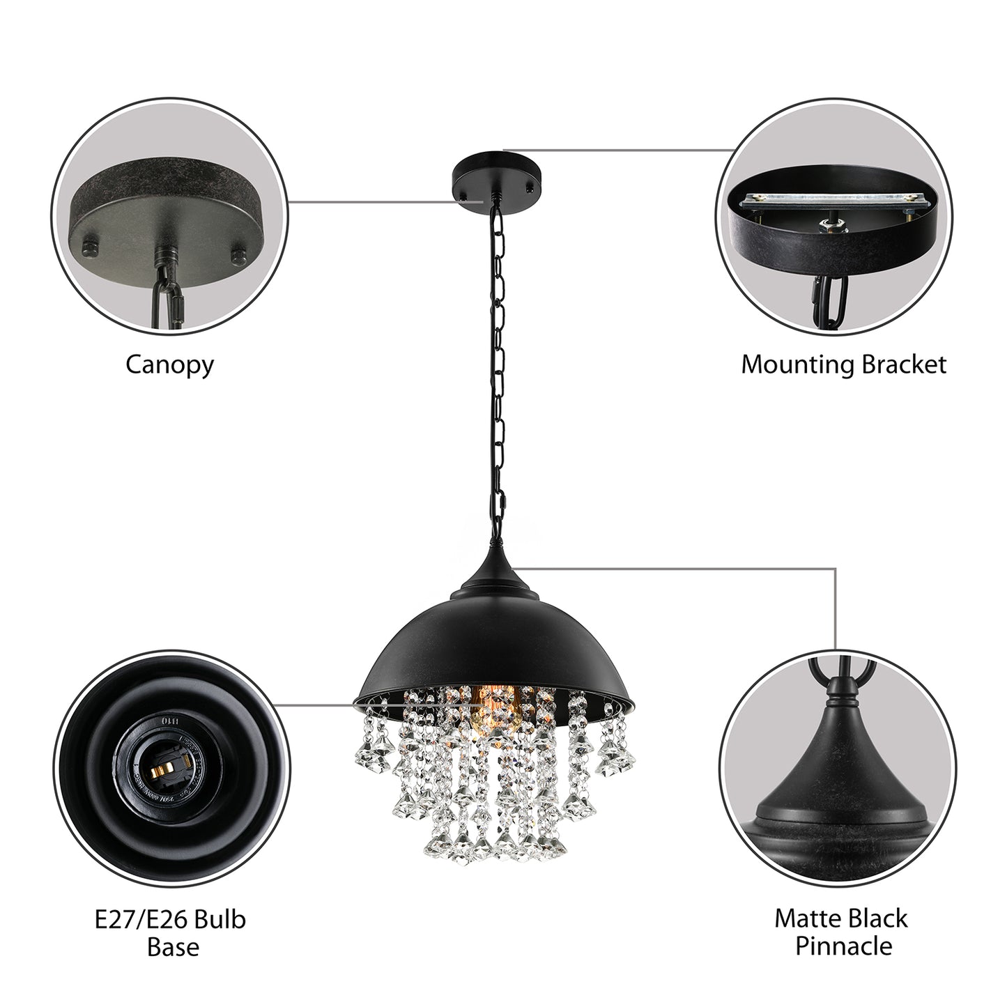 1 Bulb Dome Pendant Light Fixture Industrial Black/Chrome Metal Hanging Light with Crystal Bead Clearhalo 'Art Deco Pendants' 'Cast Iron' 'Ceiling Lights' 'Ceramic' 'Crystal' 'Industrial Pendants' 'Industrial' 'Metal' 'Middle Century Pendants' 'Pendant Lights' 'Pendants' 'Tiffany' Lighting' 5683