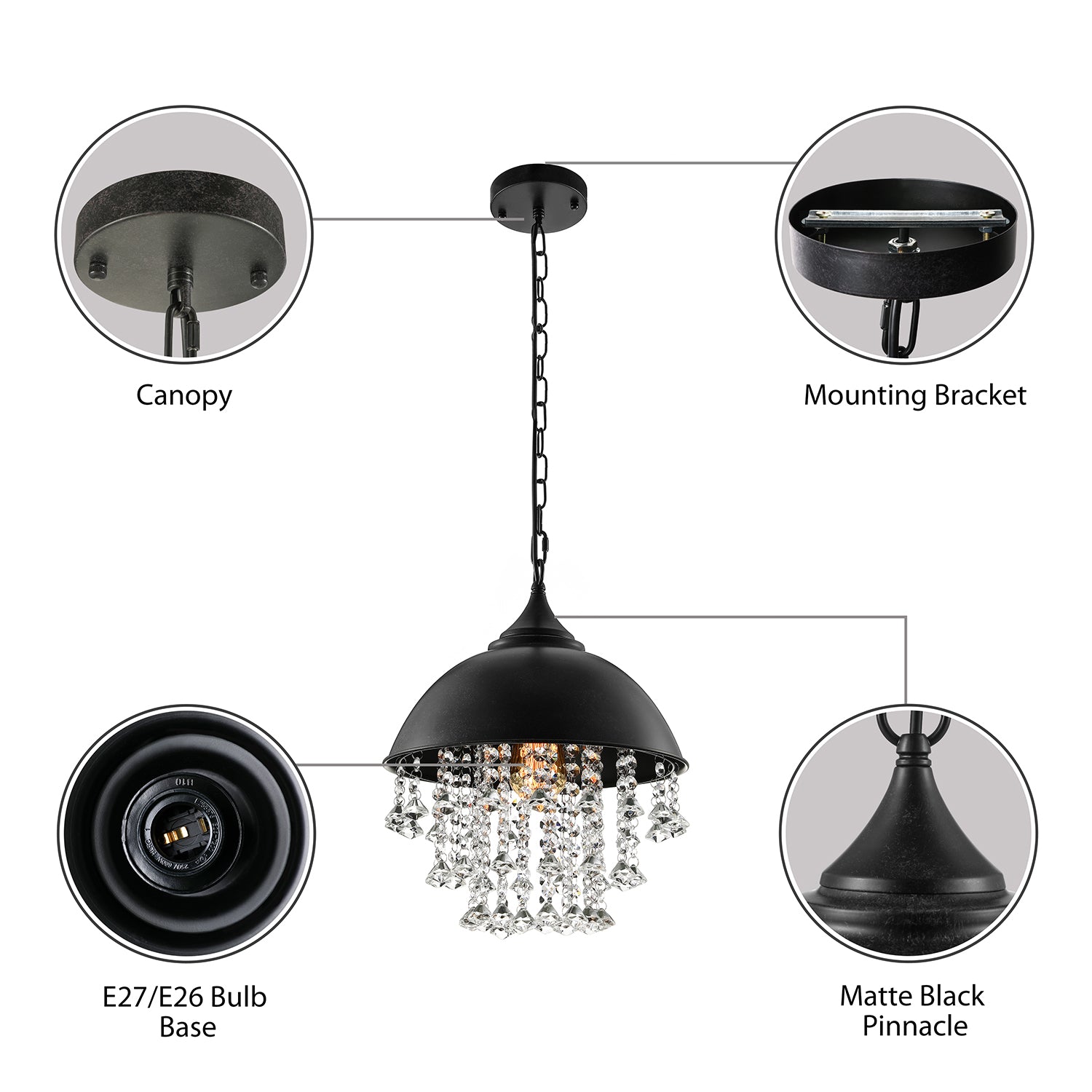 1 Bulb Dome Pendant Light Fixture Industrial Black/Chrome Metal Hanging ...