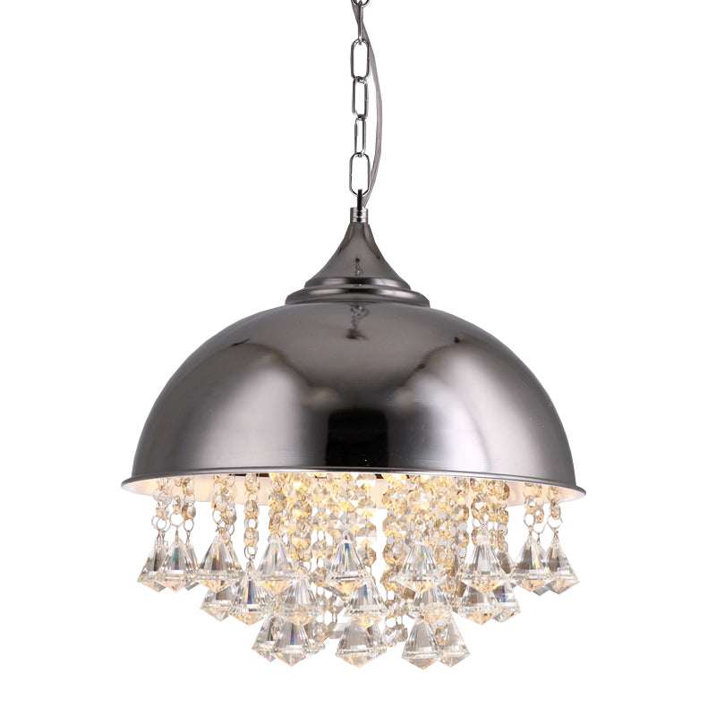 1 Bulb Dome Pendant Light Fixture Industrial Black/Chrome Metal Hanging Light with Crystal Bead Clearhalo 'Art Deco Pendants' 'Cast Iron' 'Ceiling Lights' 'Ceramic' 'Crystal' 'Industrial Pendants' 'Industrial' 'Metal' 'Middle Century Pendants' 'Pendant Lights' 'Pendants' 'Tiffany' Lighting' 5684