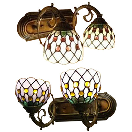 Tiffany Classic Domed Wall Sconce with Bead 2 Heads Stained Glass Wall Lamp in Red/Yellow for Hotel Clearhalo 'Industrial' 'Middle century wall lights' 'Tiffany wall lights' 'Tiffany' 'Wall Lamps & Sconces' 'Wall Lights' Lighting' 56847
