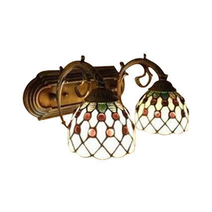 Tiffany Classic Domed Wall Sconce with Bead 2 Heads Stained Glass Wall Lamp in Red/Yellow for Hotel Clearhalo 'Industrial' 'Middle century wall lights' 'Tiffany wall lights' 'Tiffany' 'Wall Lamps & Sconces' 'Wall Lights' Lighting' 56848