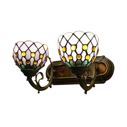 Tiffany Classic Domed Wall Sconce with Bead 2 Heads Stained Glass Wall Lamp in Red/Yellow for Hotel Clearhalo 'Industrial' 'Middle century wall lights' 'Tiffany wall lights' 'Tiffany' 'Wall Lamps & Sconces' 'Wall Lights' Lighting' 56851