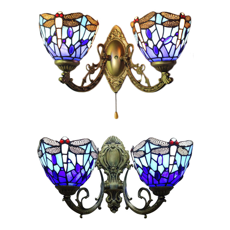 8.5"/11" Wide Dragonfly Living Room Wall Sconce Stained Glass 2 Heads Tiffany Vintage Wall Light in Blue Clearhalo 'Industrial' 'Middle century wall lights' 'Tiffany wall lights' 'Tiffany' 'Wall Lamps & Sconces' 'Wall Lights' Lighting' 56960