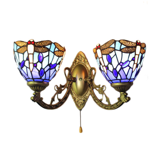 8.5"/11" Wide Dragonfly Living Room Wall Sconce Stained Glass 2 Heads Tiffany Vintage Wall Light in Blue Clearhalo 'Industrial' 'Middle century wall lights' 'Tiffany wall lights' 'Tiffany' 'Wall Lamps & Sconces' 'Wall Lights' Lighting' 56961