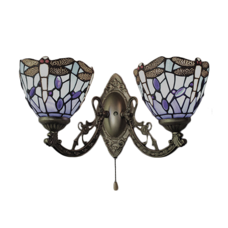 8.5"/11" Wide Dragonfly Living Room Wall Sconce Stained Glass 2 Heads Tiffany Vintage Wall Light in Blue Clearhalo 'Industrial' 'Middle century wall lights' 'Tiffany wall lights' 'Tiffany' 'Wall Lamps & Sconces' 'Wall Lights' Lighting' 56962
