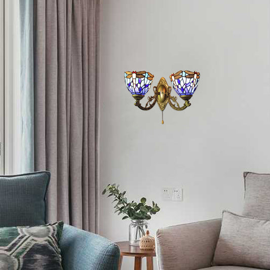 8.5"/11" Wide Dragonfly Living Room Wall Sconce Stained Glass 2 Heads Tiffany Vintage Wall Light in Blue Blue 8.5" Clearhalo 'Industrial' 'Middle century wall lights' 'Tiffany wall lights' 'Tiffany' 'Wall Lamps & Sconces' 'Wall Lights' Lighting' 56963