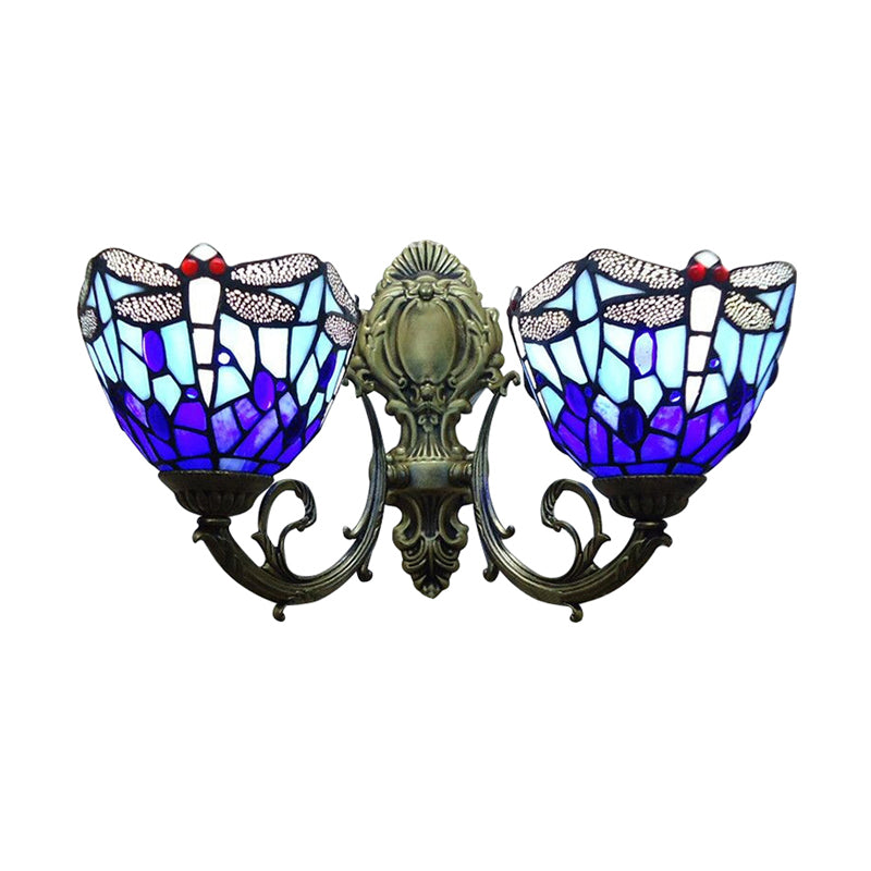 8.5"/11" Wide Dragonfly Living Room Wall Sconce Stained Glass 2 Heads Tiffany Vintage Wall Light in Blue Clearhalo 'Industrial' 'Middle century wall lights' 'Tiffany wall lights' 'Tiffany' 'Wall Lamps & Sconces' 'Wall Lights' Lighting' 56964