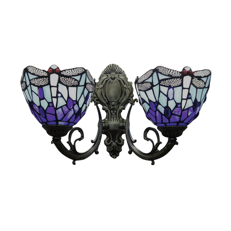 8.5"/11" Wide Dragonfly Living Room Wall Sconce Stained Glass 2 Heads Tiffany Vintage Wall Light in Blue Clearhalo 'Industrial' 'Middle century wall lights' 'Tiffany wall lights' 'Tiffany' 'Wall Lamps & Sconces' 'Wall Lights' Lighting' 56965