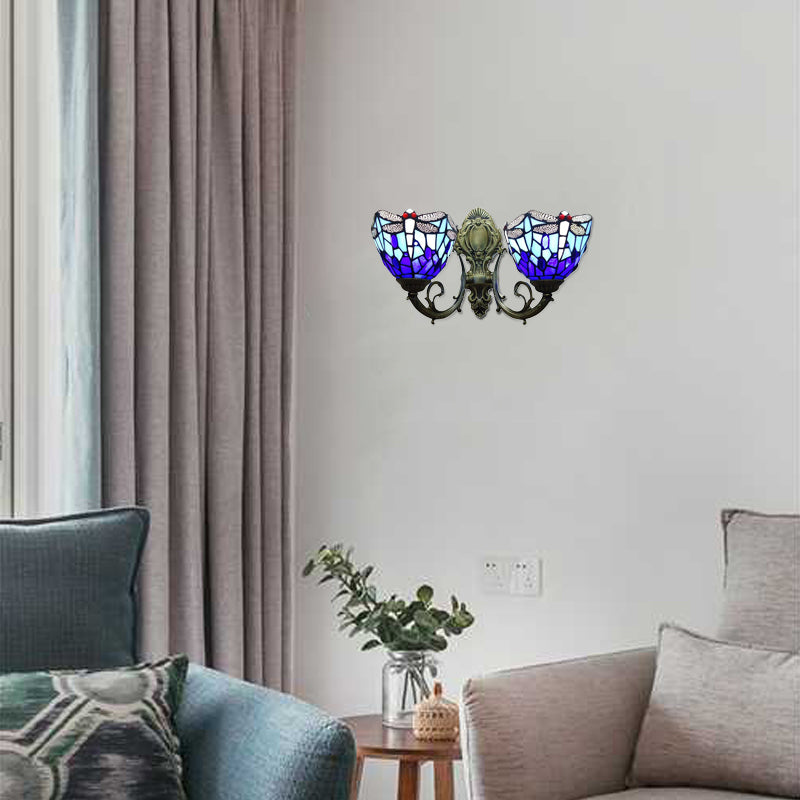 8.5"/11" Wide Dragonfly Living Room Wall Sconce Stained Glass 2 Heads Tiffany Vintage Wall Light in Blue Blue 11" Clearhalo 'Industrial' 'Middle century wall lights' 'Tiffany wall lights' 'Tiffany' 'Wall Lamps & Sconces' 'Wall Lights' Lighting' 56966