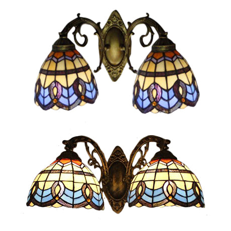 Baroque Design Wall Light Stained Glass 2 Heads Tiffany Style Beige Glass Wall Sconce for Bedroom Clearhalo 'Industrial' 'Middle century wall lights' 'Tiffany wall lights' 'Tiffany' 'Wall Lamps & Sconces' 'Wall Lights' Lighting' 57025