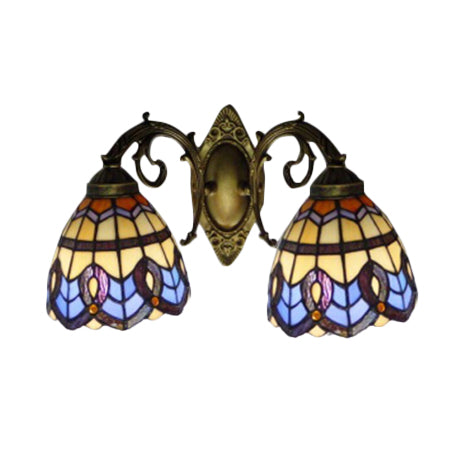 Baroque Design Wall Light Stained Glass 2 Heads Tiffany Style Beige Glass Wall Sconce for Bedroom Clearhalo 'Industrial' 'Middle century wall lights' 'Tiffany wall lights' 'Tiffany' 'Wall Lamps & Sconces' 'Wall Lights' Lighting' 57026
