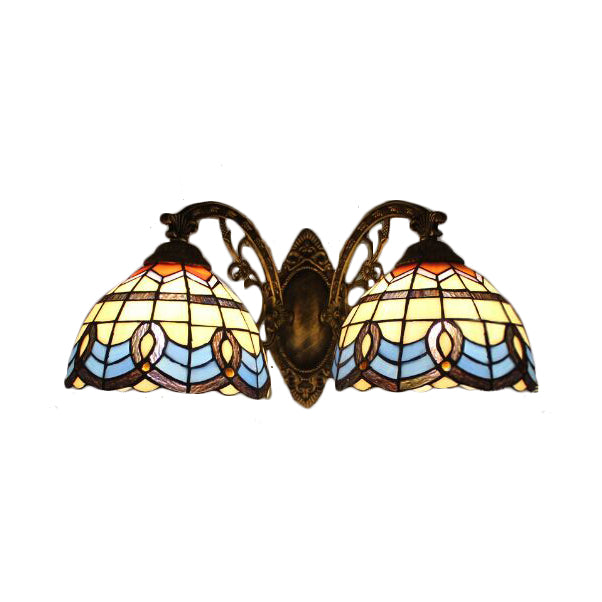 Baroque Design Wall Light Stained Glass 2 Heads Tiffany Style Beige Glass Wall Sconce for Bedroom Clearhalo 'Industrial' 'Middle century wall lights' 'Tiffany wall lights' 'Tiffany' 'Wall Lamps & Sconces' 'Wall Lights' Lighting' 57029