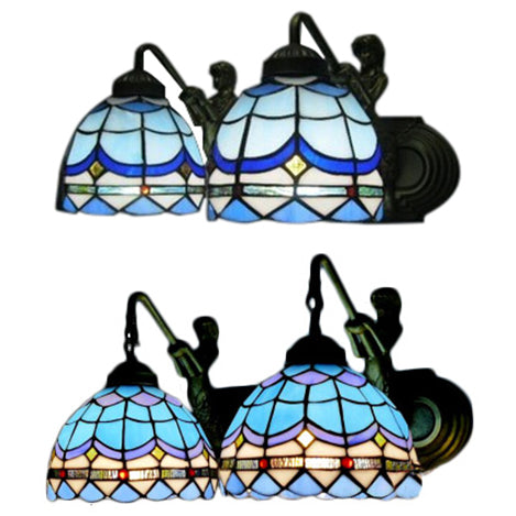 Dome Sconce Light Mediterranean Blue Glass 2 Heads 16"/18" Wide Antique Bronze Wall Mounted Light Clearhalo 'Industrial' 'Middle century wall lights' 'Tiffany wall lights' 'Tiffany' 'Wall Lamps & Sconces' 'Wall Lights' Lighting' 57075