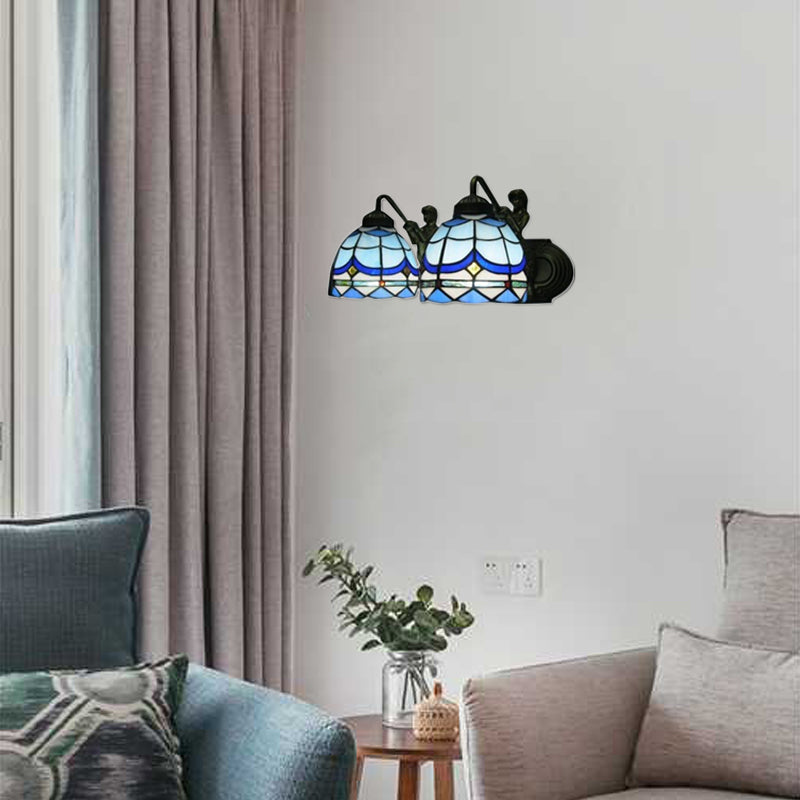 Dome Sconce Light Mediterranean Blue Glass 2 Heads 16"/18" Wide Antique Bronze Wall Mounted Light Blue 16" Clearhalo 'Industrial' 'Middle century wall lights' 'Tiffany wall lights' 'Tiffany' 'Wall Lamps & Sconces' 'Wall Lights' Lighting' 57078
