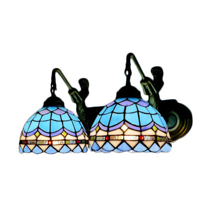 Dome Sconce Light Mediterranean Blue Glass 2 Heads 16"/18" Wide Antique Bronze Wall Mounted Light Clearhalo 'Industrial' 'Middle century wall lights' 'Tiffany wall lights' 'Tiffany' 'Wall Lamps & Sconces' 'Wall Lights' Lighting' 57079