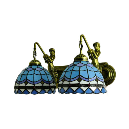 Dome Sconce Light Mediterranean Blue Glass 2 Heads 16"/18" Wide Antique Bronze Wall Mounted Light Clearhalo 'Industrial' 'Middle century wall lights' 'Tiffany wall lights' 'Tiffany' 'Wall Lamps & Sconces' 'Wall Lights' Lighting' 57080