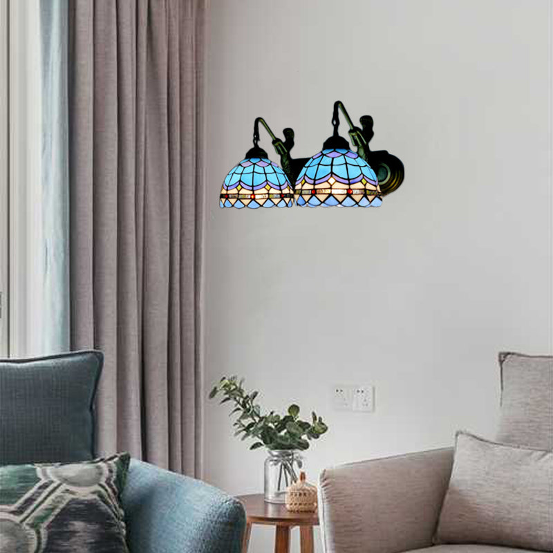 Dome Sconce Light Mediterranean Blue Glass 2 Heads 16"/18" Wide Antique Bronze Wall Mounted Light Blue 18" Clearhalo 'Industrial' 'Middle century wall lights' 'Tiffany wall lights' 'Tiffany' 'Wall Lamps & Sconces' 'Wall Lights' Lighting' 57081