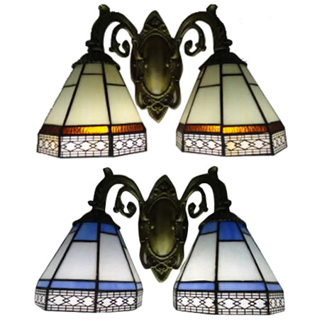 Stained Glass Pyramid Wall Light 2 Bulbs Tiffany Traditional Wall Sconce in Amber/Blue for Bedroom Clearhalo 'Industrial' 'Middle century wall lights' 'Tiffany wall lights' 'Tiffany' 'Wall Lamps & Sconces' 'Wall Lights' Lighting' 57198