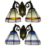 Stained Glass Pyramid Wall Light 2 Bulbs Tiffany Traditional Wall Sconce in Amber/Blue for Bedroom Clearhalo 'Industrial' 'Middle century wall lights' 'Tiffany wall lights' 'Tiffany' 'Wall Lamps & Sconces' 'Wall Lights' Lighting' 57198