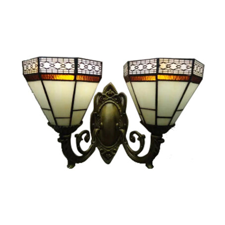Stained Glass Pyramid Wall Light 2 Bulbs Tiffany Traditional Wall Sconce in Amber/Blue for Bedroom Clearhalo 'Industrial' 'Middle century wall lights' 'Tiffany wall lights' 'Tiffany' 'Wall Lamps & Sconces' 'Wall Lights' Lighting' 57199