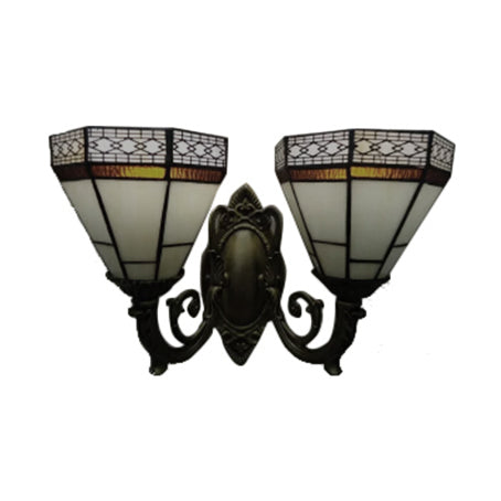 Stained Glass Pyramid Wall Light 2 Bulbs Tiffany Traditional Wall Sconce in Amber/Blue for Bedroom Clearhalo 'Industrial' 'Middle century wall lights' 'Tiffany wall lights' 'Tiffany' 'Wall Lamps & Sconces' 'Wall Lights' Lighting' 57200