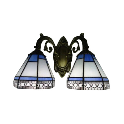 Stained Glass Pyramid Wall Light 2 Bulbs Tiffany Traditional Wall Sconce in Amber/Blue for Bedroom Clearhalo 'Industrial' 'Middle century wall lights' 'Tiffany wall lights' 'Tiffany' 'Wall Lamps & Sconces' 'Wall Lights' Lighting' 57202