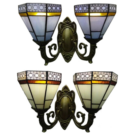 Study Room Pyramid Wall Light Art Glass 2 Bulbs Tiffany Classic Wall Sconce with Curved Arm in Beige/Blue Clearhalo 'Industrial' 'Middle century wall lights' 'Tiffany wall lights' 'Tiffany' 'Wall Lamps & Sconces' 'Wall Lights' Lighting' 57205