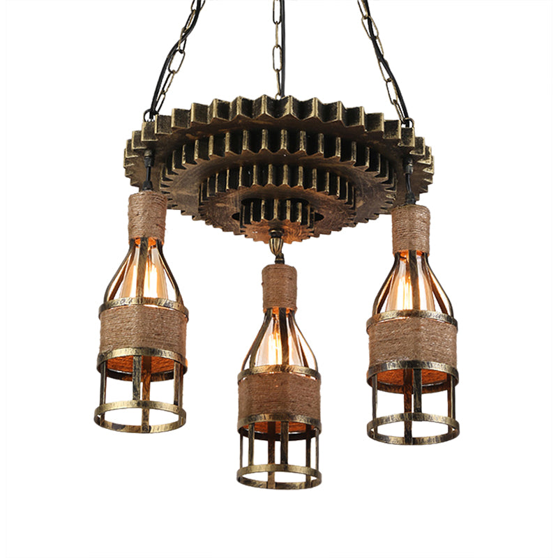 Bottle Caged Iron Ceiling Hanging Light Rustic Industrial 3 Lights Bar Pendant Lamp with Gear Decoration Clearhalo 'Ceiling Lights' 'Industrial Pendants' 'Industrial' 'Middle Century Pendants' 'Pendant Lights' 'Pendants' 'Tiffany' Lighting' 57833