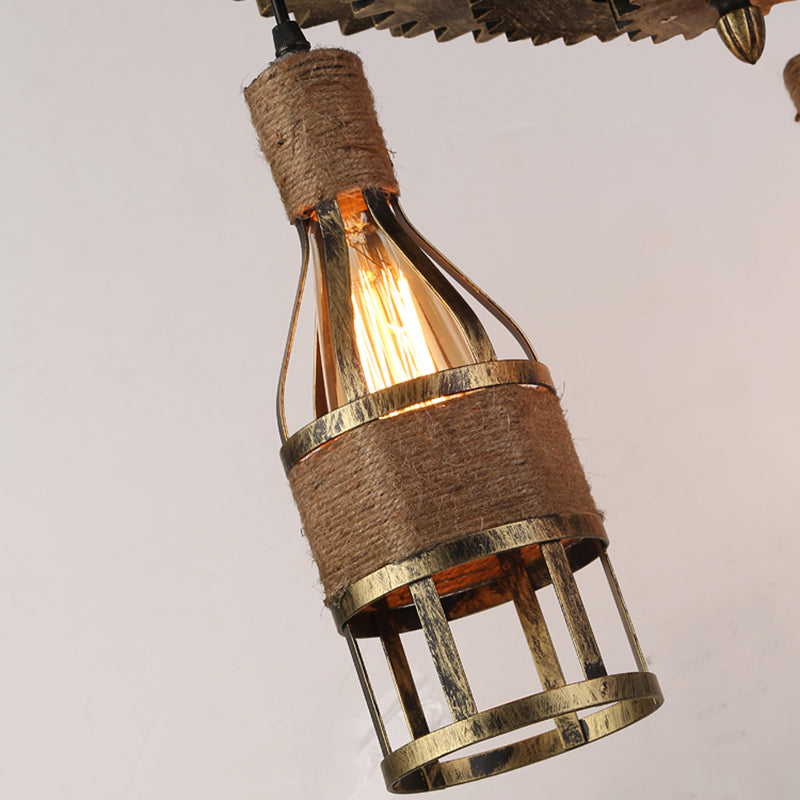 Bottle Caged Iron Ceiling Hanging Light Rustic Industrial 3 Lights Bar Pendant Lamp with Gear Decoration Clearhalo 'Ceiling Lights' 'Industrial Pendants' 'Industrial' 'Middle Century Pendants' 'Pendant Lights' 'Pendants' 'Tiffany' Lighting' 57835
