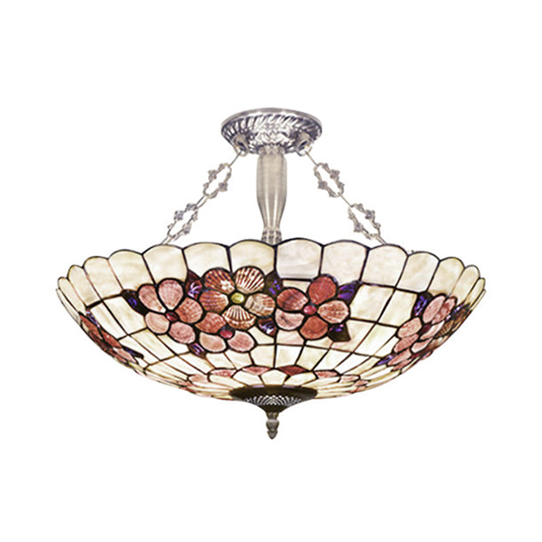 Desert Rose Dining Room Ceiling Light 19.5"/12" Width Stained Glass Tiffany Classic Semi Flush Mount Light in Beige Clearhalo 'Ceiling Lights' 'Close To Ceiling Lights' 'Close to ceiling' 'Glass shade' 'Glass' 'Semi-flushmount' 'Tiffany close to ceiling' 'Tiffany' Lighting' 58862
