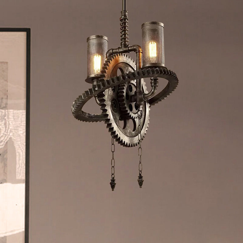 Wrought Iron Bronze Chandelier Lamp Gear Shaped 2 Lights Rustic Hanging Lamp with Cylinder Mesh Shade Clearhalo 'Cast Iron' 'Ceiling Lights' 'Chandeliers' 'Industrial Chandeliers' 'Industrial' 'Metal' 'Middle Century Chandeliers' 'Rustic Chandeliers' 'Tiffany' Lighting' 597857