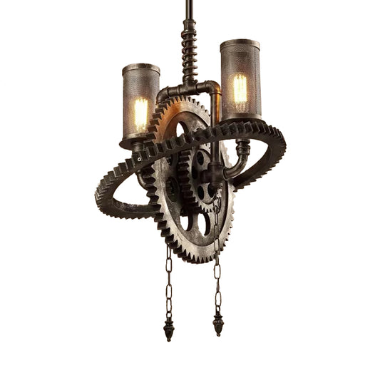 Wrought Iron Bronze Chandelier Lamp Gear Shaped 2 Lights Rustic Hanging Lamp with Cylinder Mesh Shade Clearhalo 'Cast Iron' 'Ceiling Lights' 'Chandeliers' 'Industrial Chandeliers' 'Industrial' 'Metal' 'Middle Century Chandeliers' 'Rustic Chandeliers' 'Tiffany' Lighting' 597858