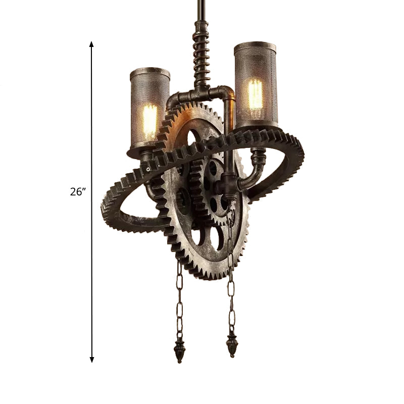 Wrought Iron Bronze Chandelier Lamp Gear Shaped 2 Lights Rustic Hanging Lamp with Cylinder Mesh Shade Clearhalo 'Cast Iron' 'Ceiling Lights' 'Chandeliers' 'Industrial Chandeliers' 'Industrial' 'Metal' 'Middle Century Chandeliers' 'Rustic Chandeliers' 'Tiffany' Lighting' 597859