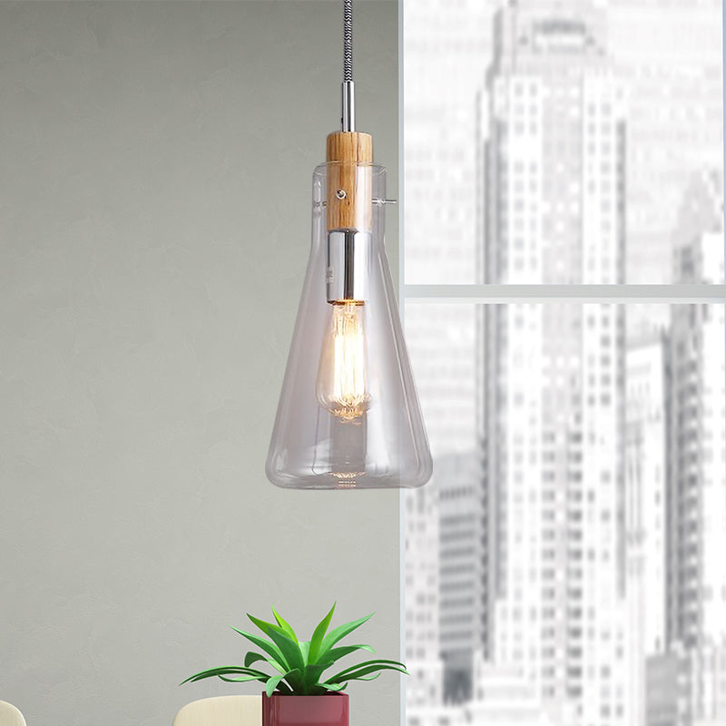 Clear Glass Ellipsoidal/Cone/Bottle Shape Pendant Light Modern 1 Light Hanging Ceiling Lamp in Polished Chrome Clearhalo 'Ceiling Lights' 'Glass shade' 'Glass' 'Modern Pendants' 'Modern' 'Pendant Lights' 'Pendants' Lighting' 597938