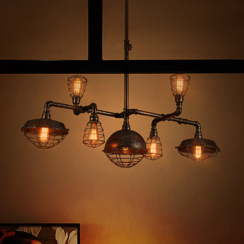 7 Bulbs Pipe Design Chandelier Lighting with Wire Frame Vintage Stylish Metal Pendant Light in Black Black Clearhalo 'Cast Iron' 'Ceiling Lights' 'Chandeliers' 'Industrial Chandeliers' 'Industrial' 'Metal' 'Middle Century Chandeliers' 'Rustic Chandeliers' 'Tiffany' Lighting' 597974