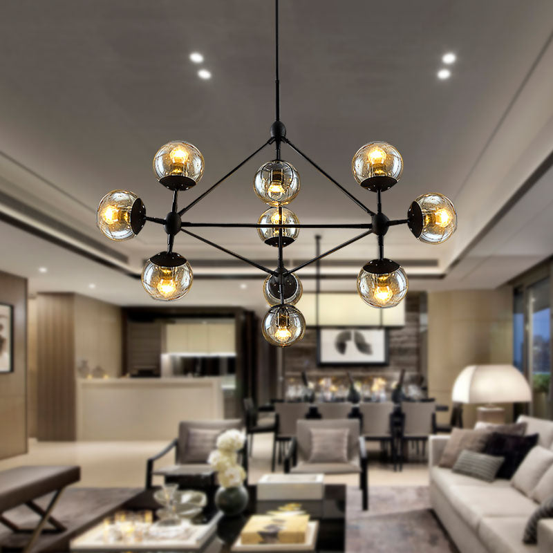 10-Light Chandelier with Sphere Shade Amber Glass Vintage Living Room Ceiling Lamp Amber Clearhalo 'Ceiling Lights' 'Chandeliers' 'Glass shade' 'Glass' 'Industrial Chandeliers' 'Industrial' 'Middle Century Chandeliers' 'Tiffany' Lighting' 598103