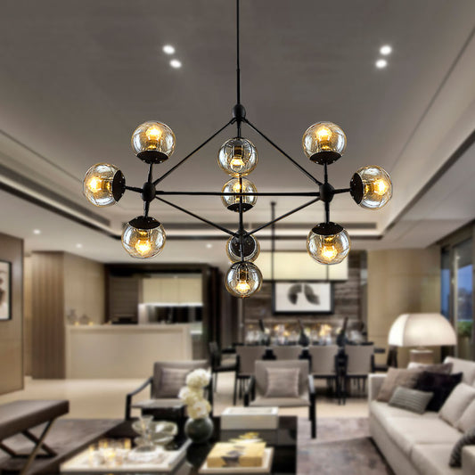 10-Light Chandelier with Sphere Shade Amber Glass Vintage Living Room Ceiling Lamp Amber Clearhalo 'Ceiling Lights' 'Chandeliers' 'Glass shade' 'Glass' 'Industrial Chandeliers' 'Industrial' 'Middle Century Chandeliers' 'Tiffany' Lighting' 598103