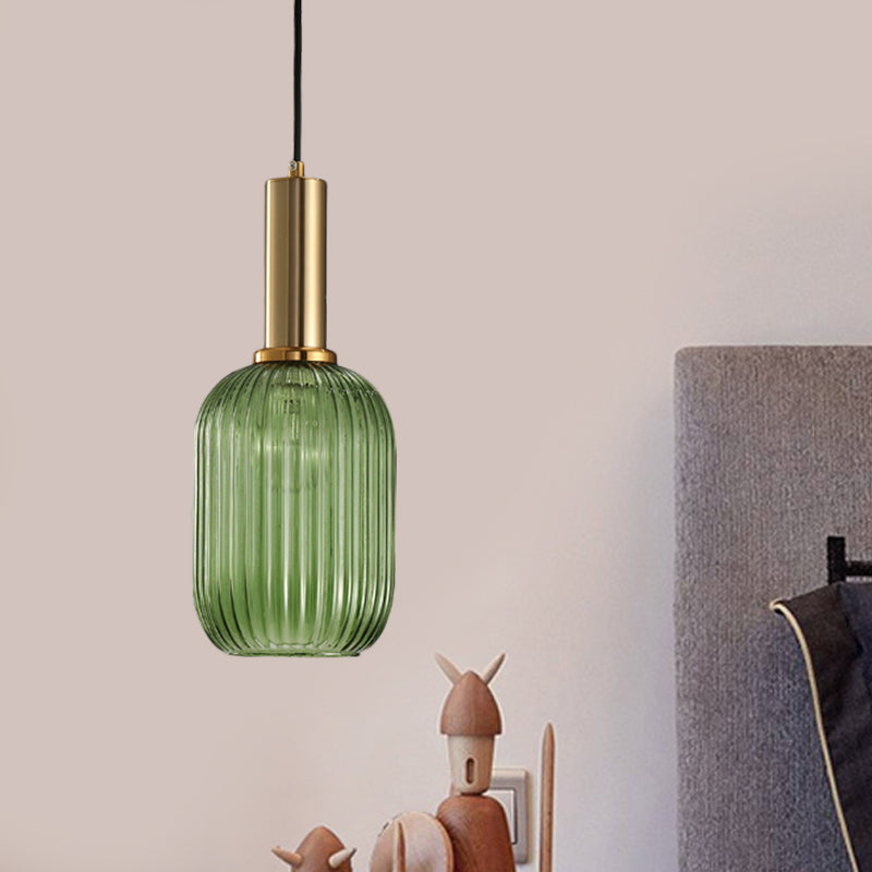 Black/Gold Cylinder/Oval/Capsule Pendant Lamp Modernist 1 Light Grey/Green/Amber Ribbed Glass Ceiling Light Fixture for Kitchen Gold Green Capsule Clearhalo 'Ceiling Lights' 'Glass shade' 'Glass' 'Modern Pendants' 'Modern' 'Pendant Lights' 'Pendants' Lighting' 598288