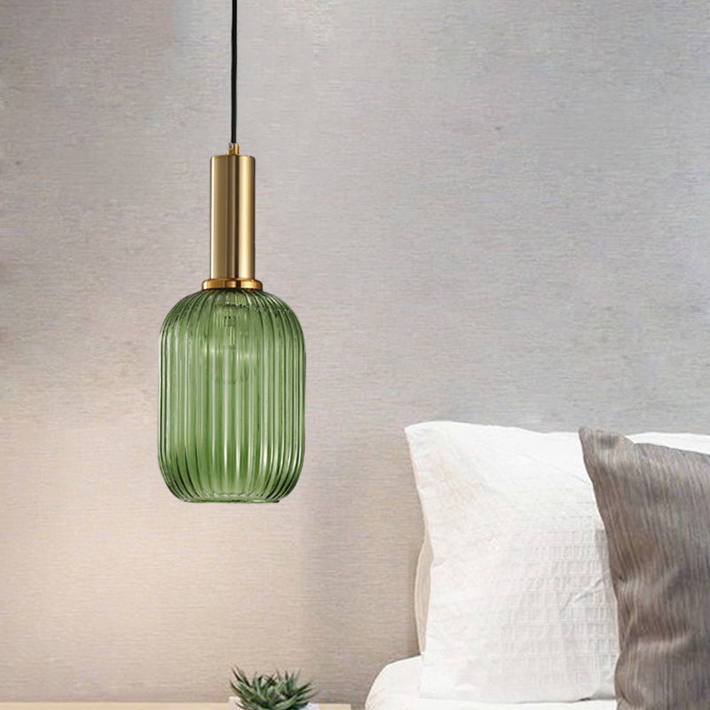 Black/Gold Cylinder/Oval/Capsule Pendant Lamp Modernist 1 Light Grey/Green/Amber Ribbed Glass Ceiling Light Fixture for Kitchen Clearhalo 'Ceiling Lights' 'Glass shade' 'Glass' 'Modern Pendants' 'Modern' 'Pendant Lights' 'Pendants' Lighting' 598289