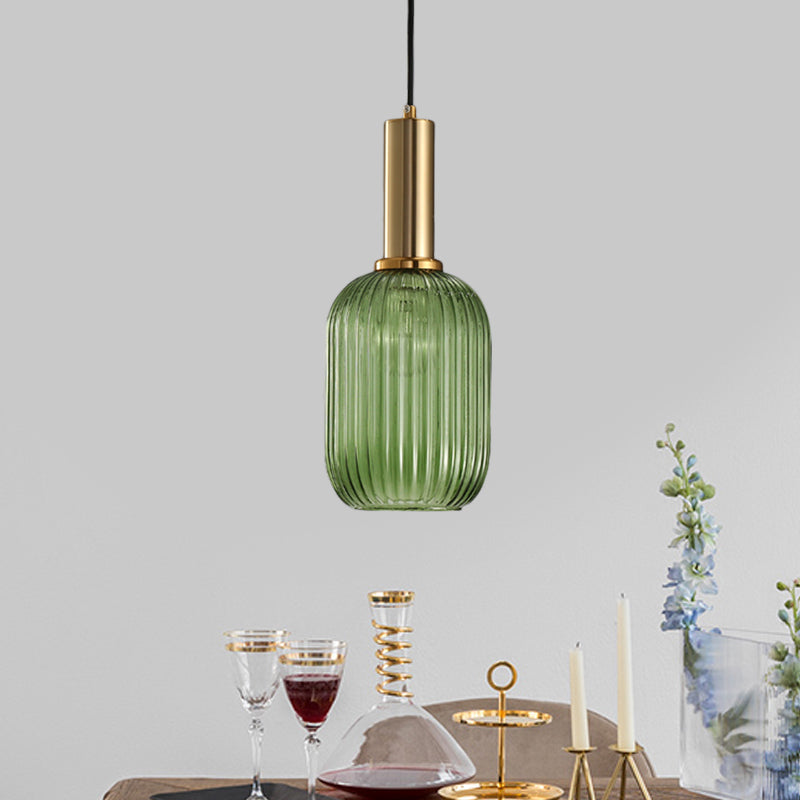 Black/Gold Cylinder/Oval/Capsule Pendant Lamp Modernist 1 Light Grey/Green/Amber Ribbed Glass Ceiling Light Fixture for Kitchen Clearhalo 'Ceiling Lights' 'Glass shade' 'Glass' 'Modern Pendants' 'Modern' 'Pendant Lights' 'Pendants' Lighting' 598290
