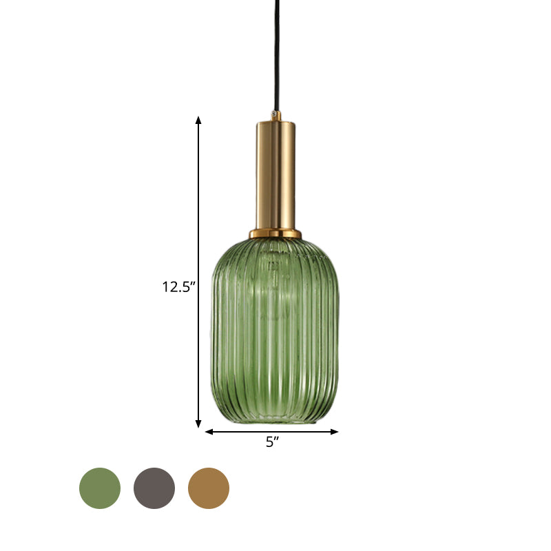Black/Gold Cylinder/Oval/Capsule Pendant Lamp Modernist 1 Light Grey/Green/Amber Ribbed Glass Ceiling Light Fixture for Kitchen Clearhalo 'Ceiling Lights' 'Glass shade' 'Glass' 'Modern Pendants' 'Modern' 'Pendant Lights' 'Pendants' Lighting' 598292
