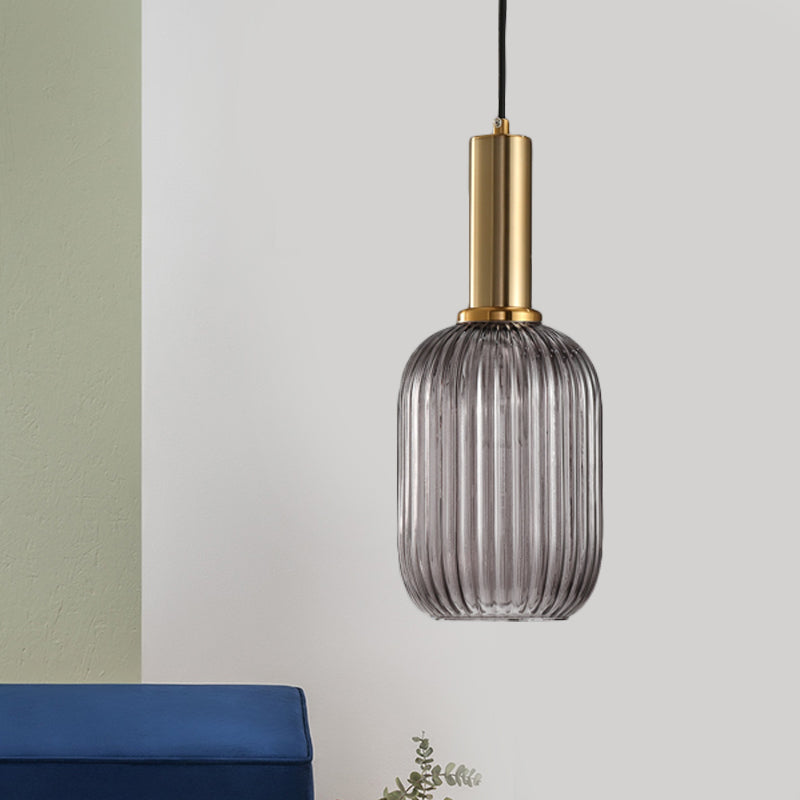Black/Gold Cylinder/Oval/Capsule Pendant Lamp Modernist 1 Light Grey/Green/Amber Ribbed Glass Ceiling Light Fixture for Kitchen Gold Gray Capsule Clearhalo 'Ceiling Lights' 'Glass shade' 'Glass' 'Modern Pendants' 'Modern' 'Pendant Lights' 'Pendants' Lighting' 598293